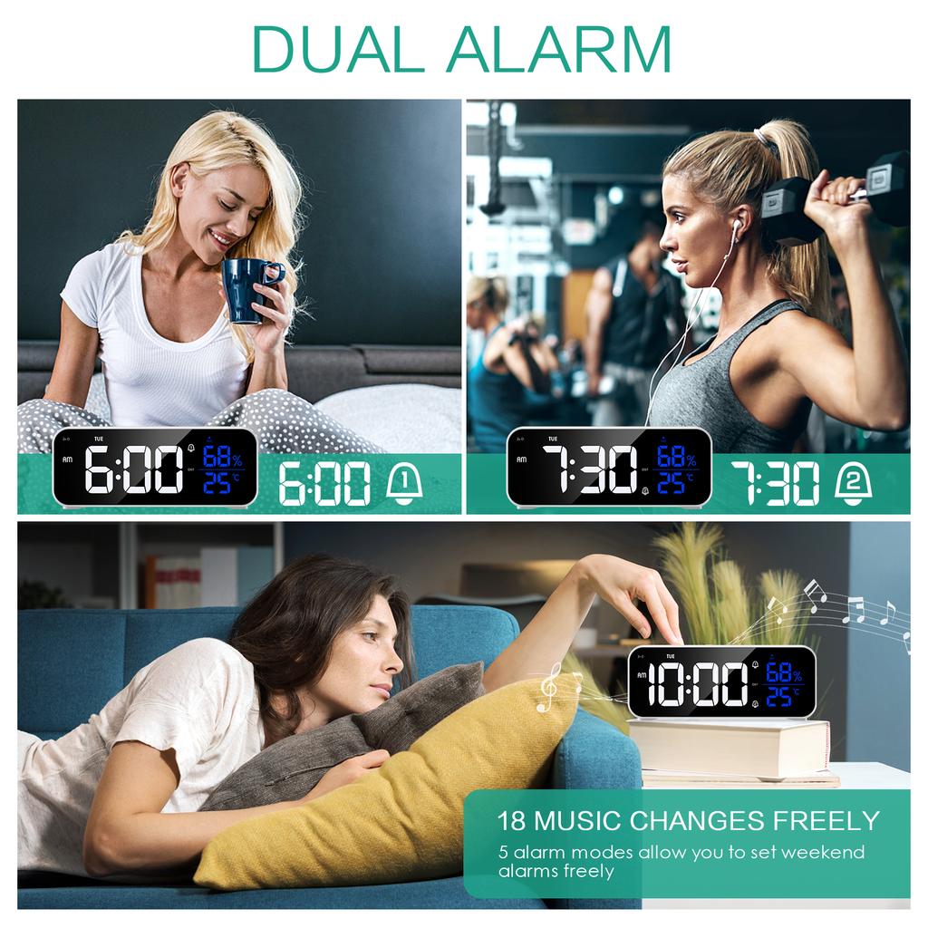 Zegar LED z budzikiem, ładowalny, cyfrowy, muzyczny, głosowy, zegar biurkowy z regulowaną jasnością do sypialni, domu, biura