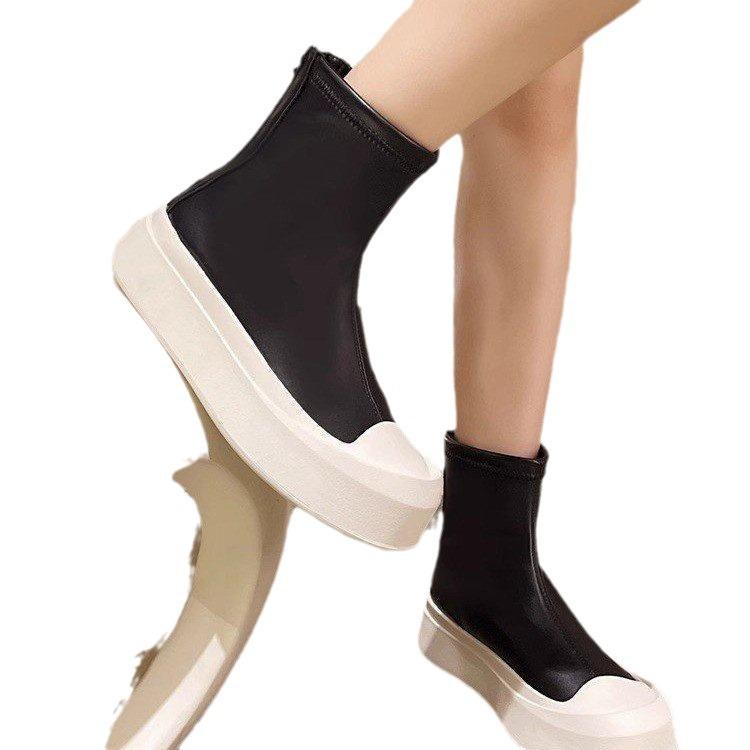 Bottes courtes élastiques Bottes courtes décontractées Semelle épaisse Muffin Chaussures pour femmes Hautes Chaussures simples Tendance Printemps et Automne Bottes simples