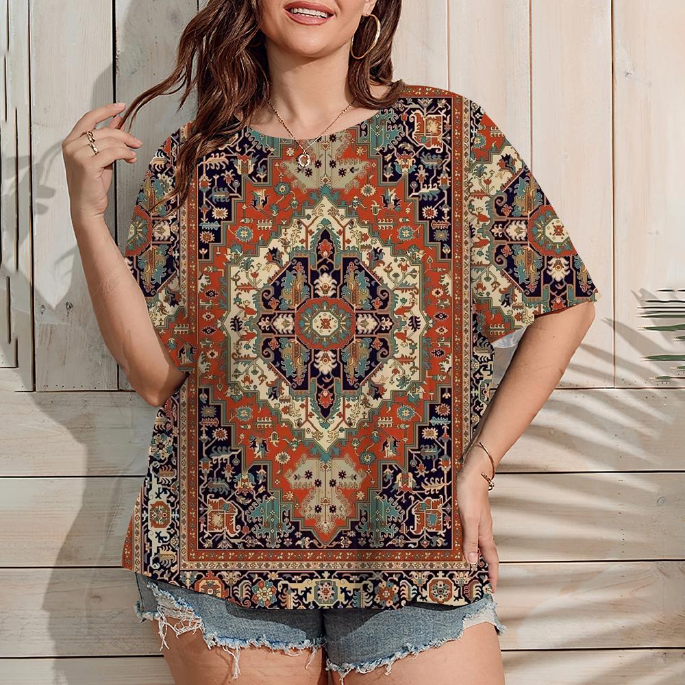 2025 Women's Large Size T-Shirt Summer Outdoor Casual Short Sleeve Tops Retro Ethnic Floral Print OverSize Women's Clothing