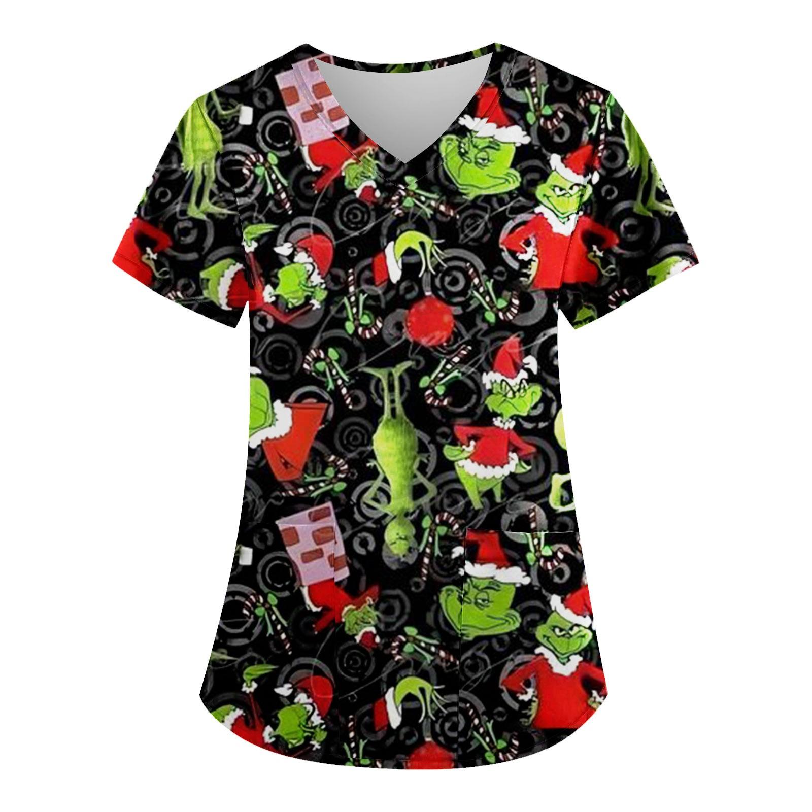 

Женские модные топы с короткими рукавами и V-образным вырезом с принтом, рабочие футболки с карманами чёрный