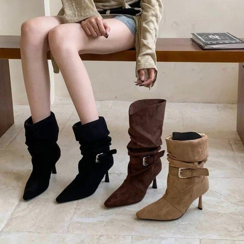NEW Sexy Thin High Heels Street Style Brown Ankle Boots Women Pleated Buckle Strap Modern Booties Stripper Party Shoes