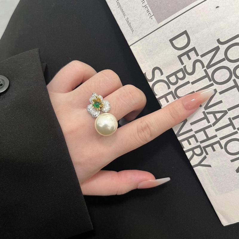 European  American Floral Design Open Ring with Imitation Australian White Pearl Adjustable Open