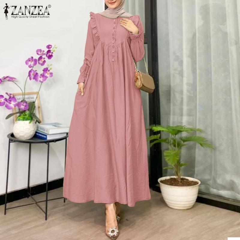 ZANZEA Women Casual Round Neck Solid Color Loose Long Sleeve Dress