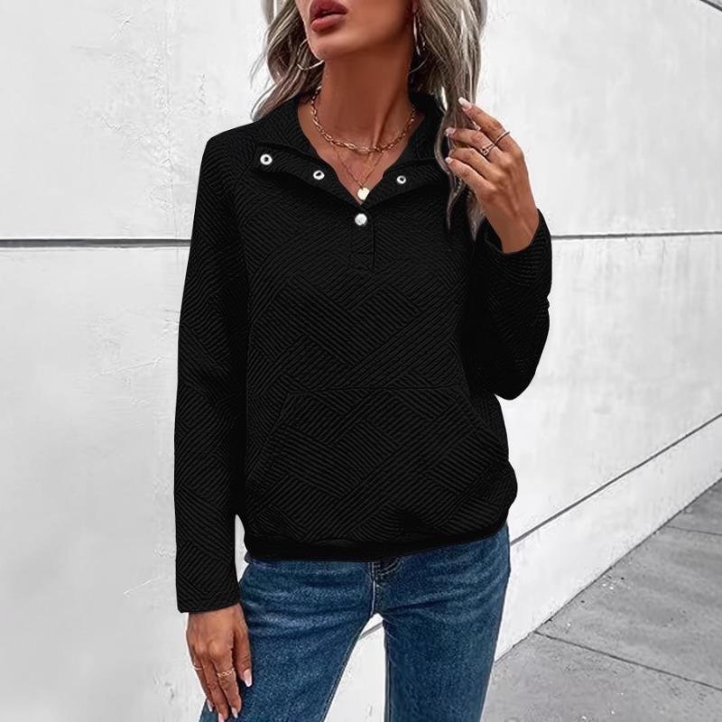 Buttoned Collar Long Sleeve Solid Texture Casual Women S Sweatshirt
