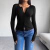 Women's V Neck Button Front Slim Fit Long Sleeve Cropped Cardigan Top Solid 100% Polyester Tee