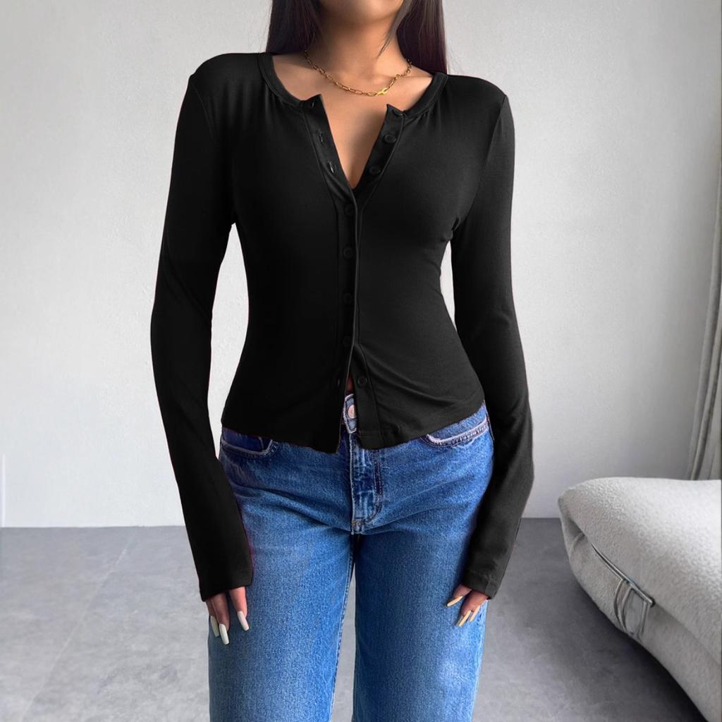 Women's V Neck Button Front Slim Fit Long Sleeve Cropped Cardigan Top Solid 100% Polyester Tee