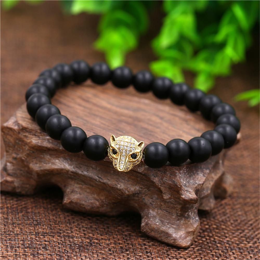 Black Matte Bracelet with Slightly Inlaid Leopard Head, Small Crown Set, Bracelet, Bracelet.