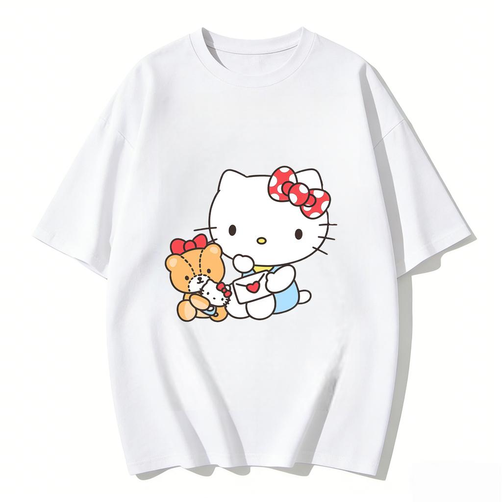 2026 Summer Hello Kitty Cartoon Printed Short Sleeve Pure Cotton Tshirts Womens Family Matching Outfits Tops Tee Trendy Y2k