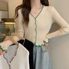 Women's Spring Korean-style Designed V-neck Ruffled Trim Slim Long-sleeve Knit Cardigan
