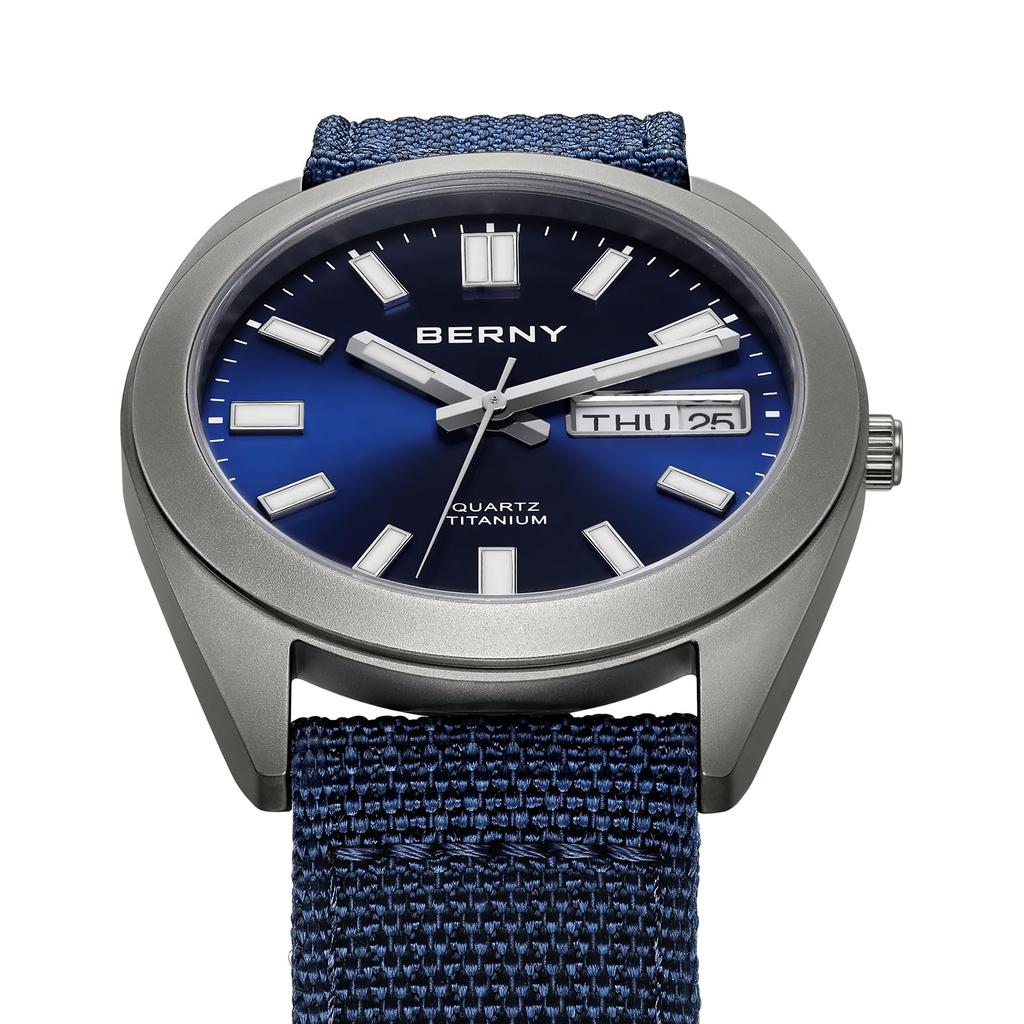 BERNY Men's Titanium Analog Quartz Watch, Japanese VJ53 Movement, 10 ATM Waterproof, Sapphire Glass, Super Luminous, Calendar, Blue Dial