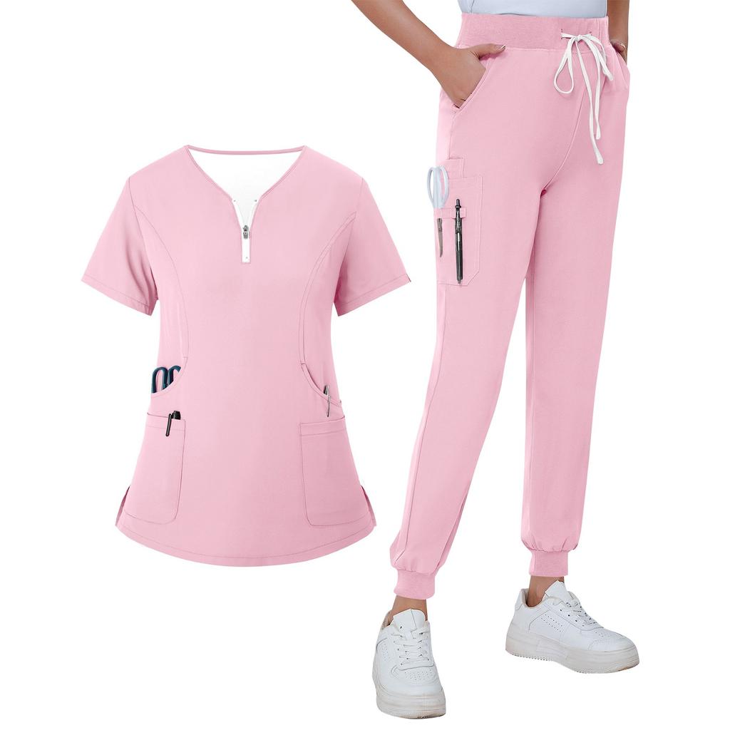 Dam sommaruniform med V-ringning, dragkedja, lös passform, fickor och korta ärmar