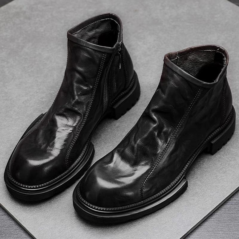 Thick Soled Men's Boots Side Zippers Leather Boots Men's Chelsea Boots Trendy Luxury Handmade Black Leather High-Top Men's Shoes