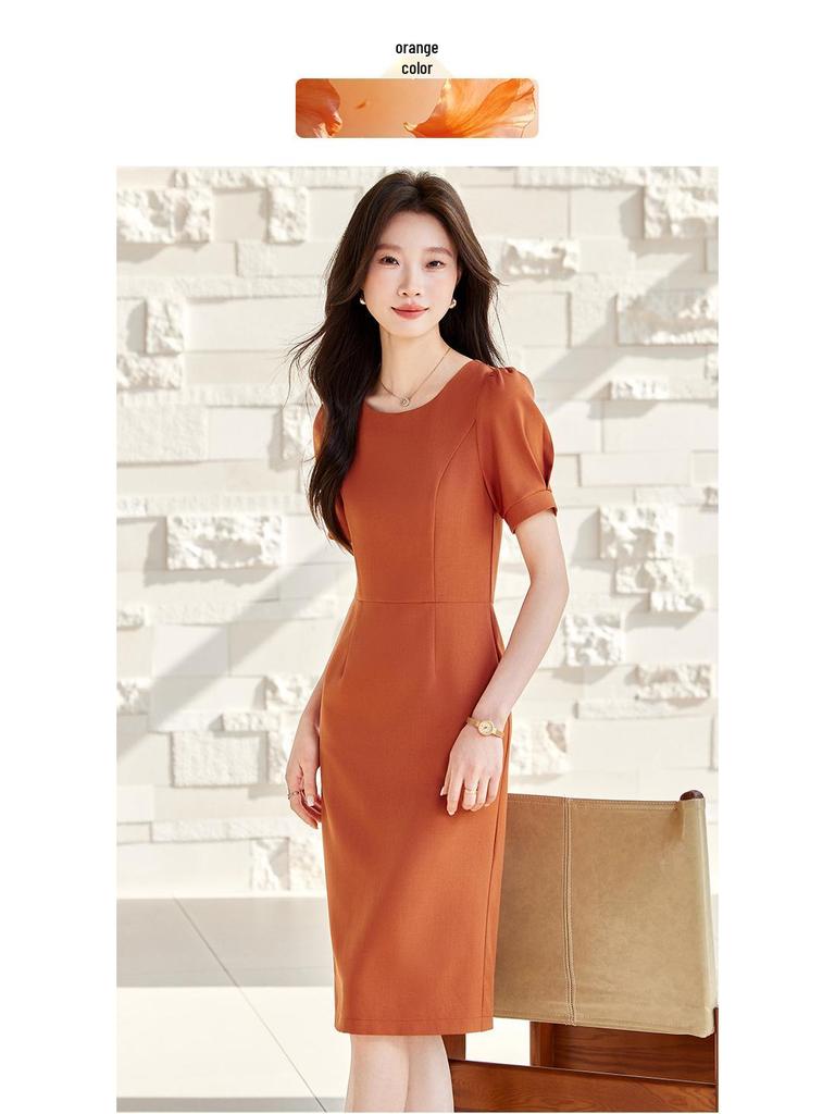 Round Neck Puff Sleeve Slim Fit Midi Dress - Spring/Summer 2026 Women's Professional Commuting Style