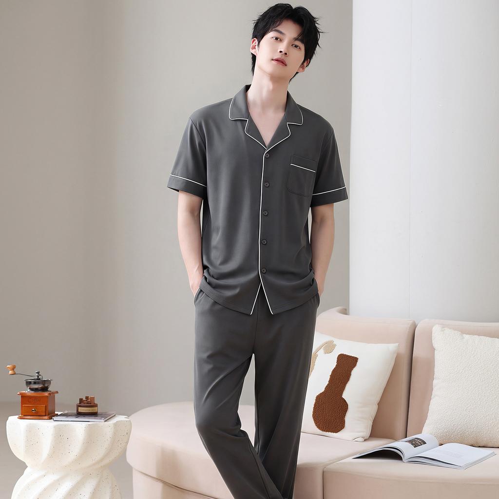 Pajamas Men's Summer Cotton Short Sleeve Trousers Thin Summer Men's Large Size Summer Cardigan Loungewear Set