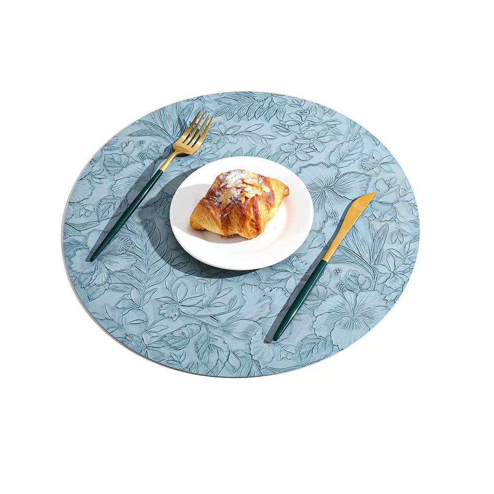 Runde Leder-Tischsets mit floralem Muster 34cm, Hitzebeständig Rutschfest Waschbar, Beidseitig zweifarbig Küchen-Kaffee-Tischsets für Zuhause