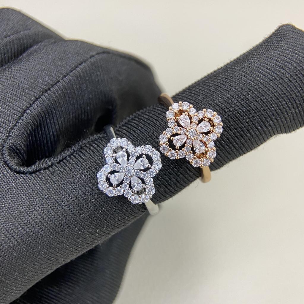 S 925 Silver AAA Zircon Clover Flower Full Diamond Ring Women's Gift