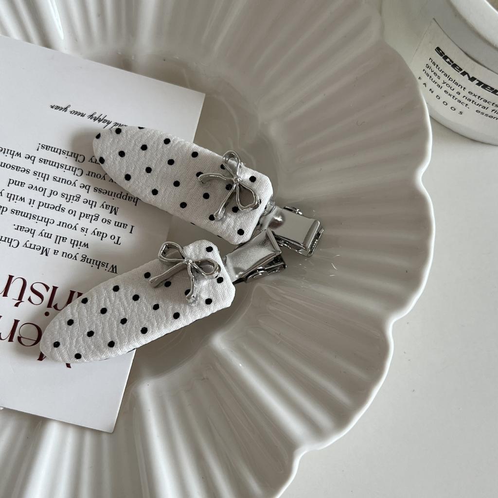 Korean Bow, Simple Versatile Design Hairpin Bb Clip 2pcs Black White Polka Dot Bow Hairpin High-end Temperament