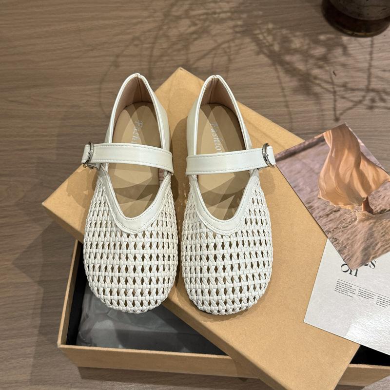 Mary Jane Fisherman Shallow Mouth Single Shoes Women's 2025 New Flat Bottom Mesh Hollow Woven Sandals Hole Small Leather Shoes
