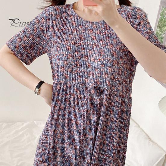 Summer Women Dress Small Flower Print Crew Neck Loose Short Sleeves Pleated Mid-calf Length Pullover Dating Shopping Midi Dress
