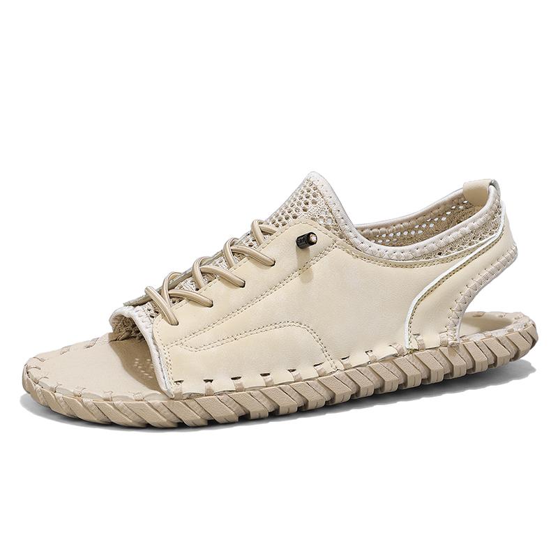Summer Flat Designer Peep Toe Sandal Outdoor Men Anti Slip Casual Leather Beach Shoe Breathable Half Drag Hand-stitching Slipper