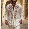Cămașă cu mânecă lungă pentru bărbați, brodată cu flori, stil casual boem, croială lejeră, top din amestec de in