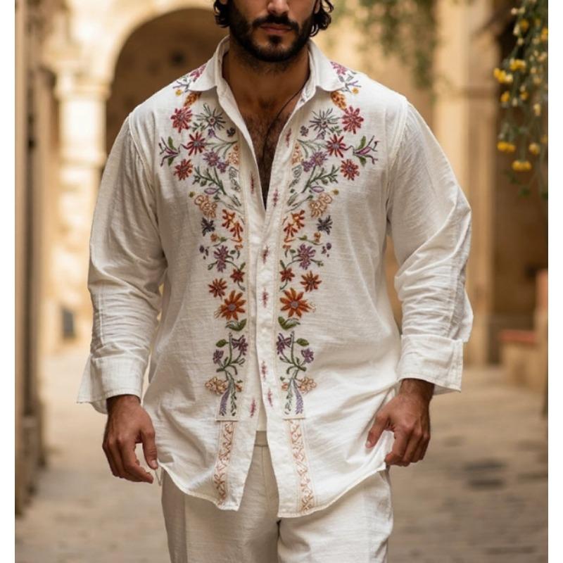 Men Long Sleeve Floral Embroidered Shirt Casual Bohemian Style Loose Fit Linen Blend Top S