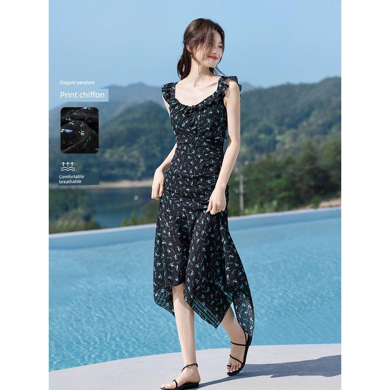 

Mo Yi Yi Mei Наньи Таун Длинное платье 2025 Лето Новинка Подол с неровным краем Облегающее талию Платье для похудения Blue Print S