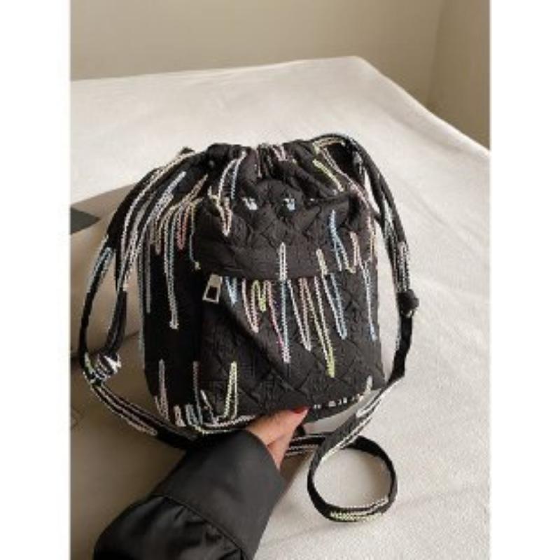 Fashion Rainbow Stripes Embroidery Pleated Bucket Bag Chain Single Shoulder Crossbody Bag Bag