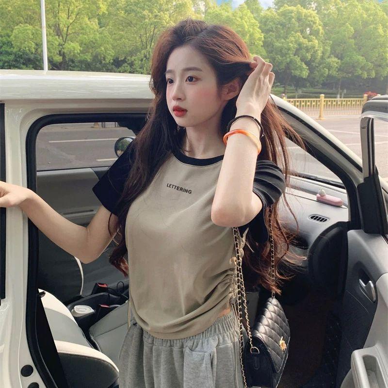American Sweet Spice Girl Contrast Color Crew Neck Front Shoulder Short Sleeve T-Shirt Women's Spring Summer Skinny Irregular Drawstring Top