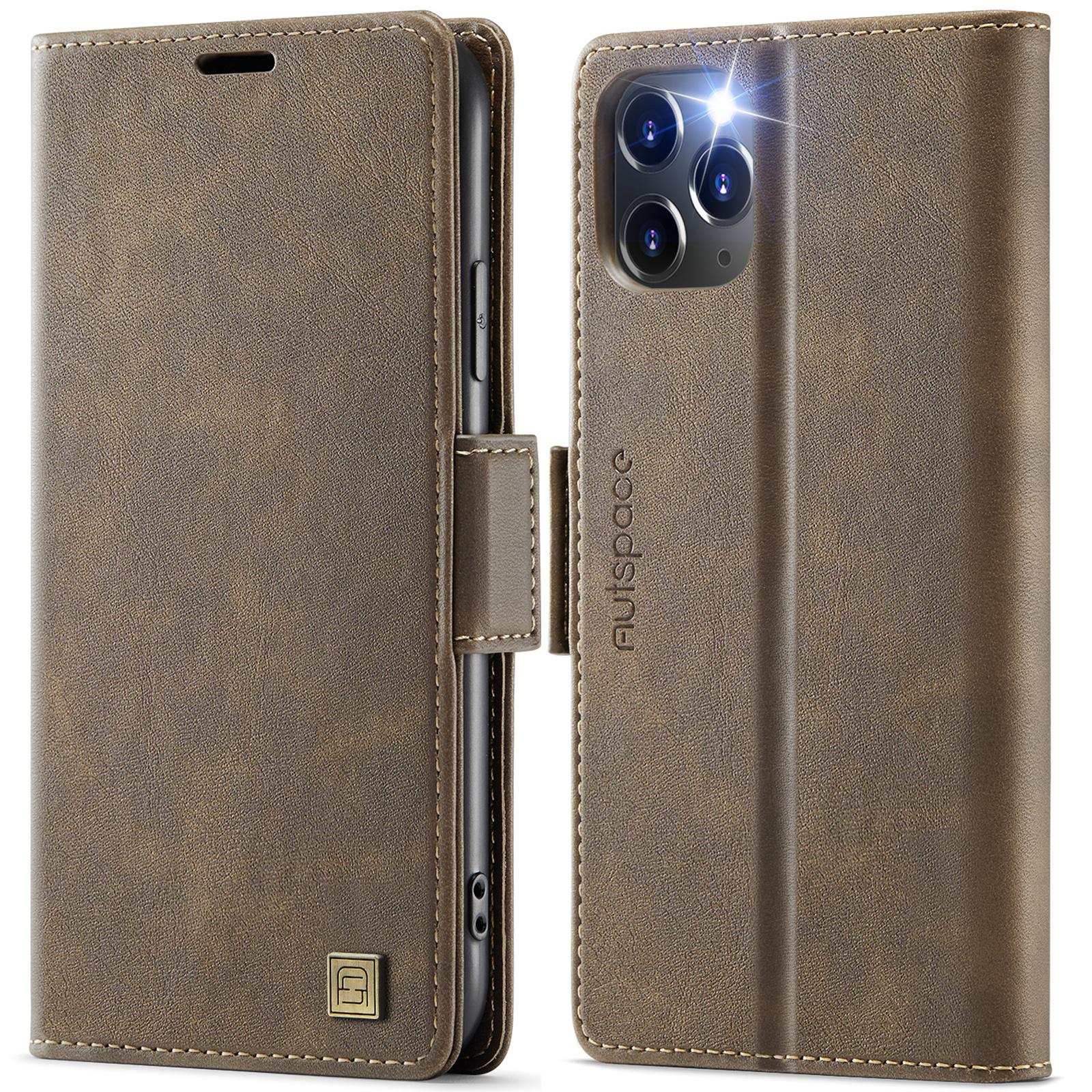 

For iPhone 11 Pro Max Case AUTSPACE A11 RFID Blocking Retro Leather Cell Phone Wallet Cover Brown