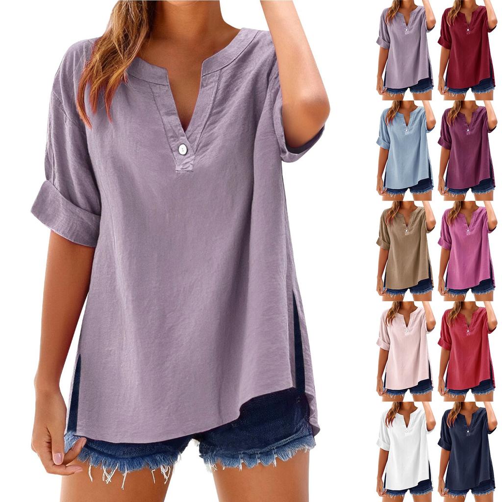 Women's Summer Tops Fashion Button Large Size Cotton and Linen Shirts