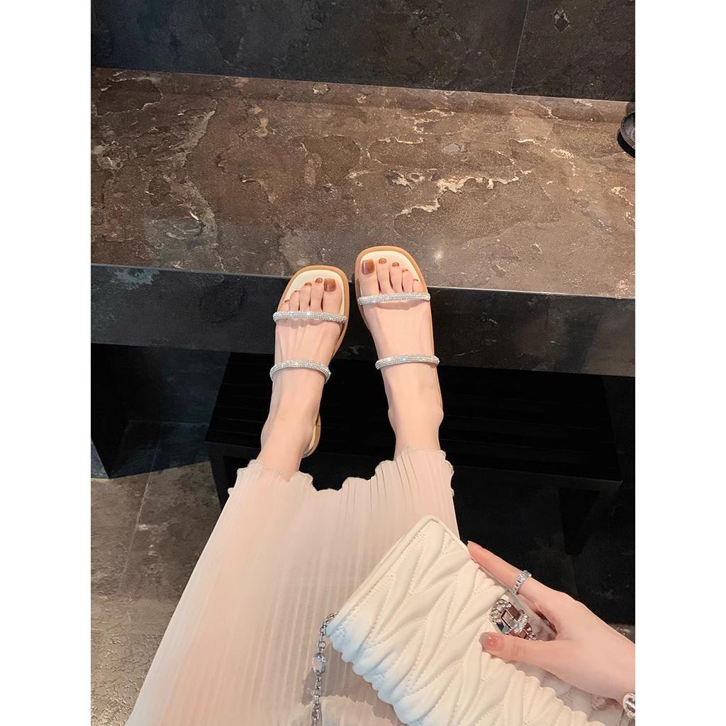 Sheepskin Version~ Simple Square Head Sparkling Double Word with Flat Bottom Padded Slippers for Women