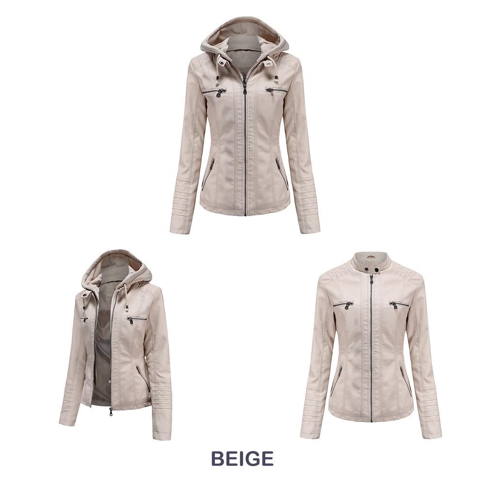 Women's Detachable Hooded Leather Jacket Set - European & American Style, PU Washed, Available in Large Sizes, Ideal for Spring & Autumn