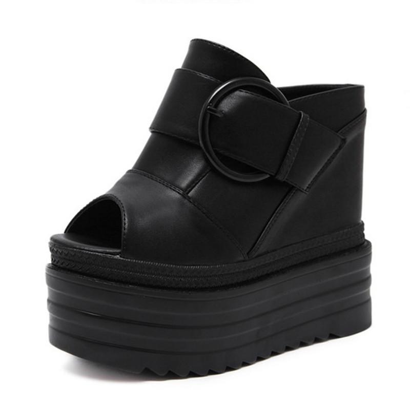 803-19 Slope heel high heels 14CM inner height increase thick sole fish mouth shoes waterproof table belt buckle fashionable cool slippers women