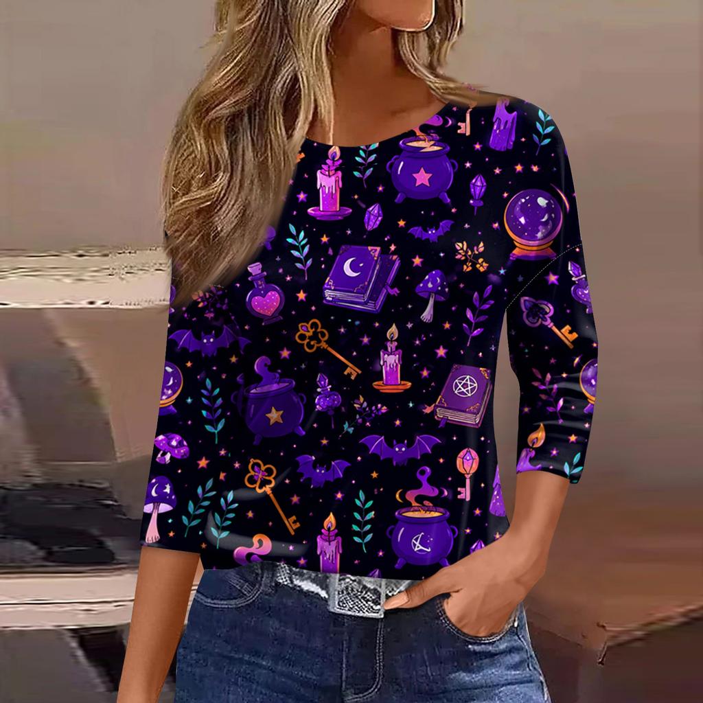 Women's Casual 3/4 Sleeve Halloween Print Round Neck Blouse for Party and Daily Wear