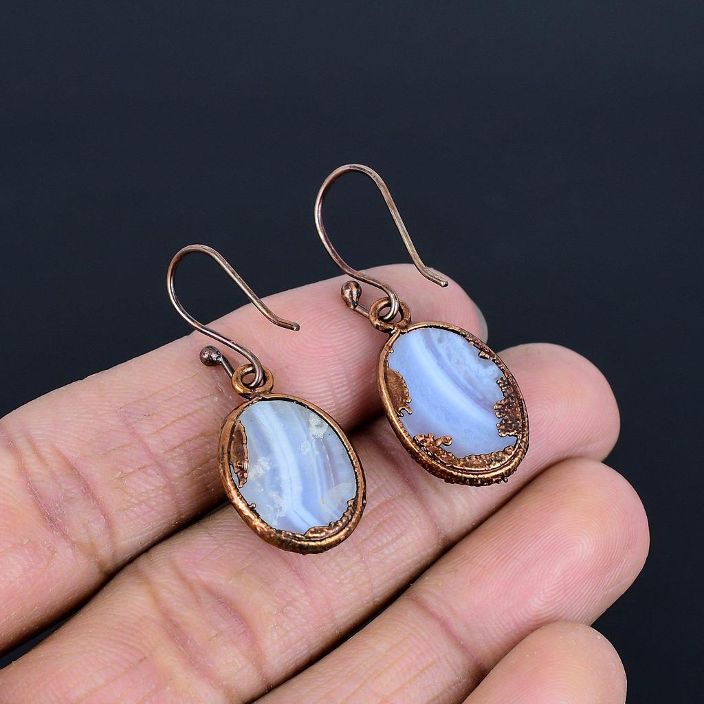 Blue Lace Agate Handmade Gemstone Earrings, Copper Electroformed Earrings Antique Jewelry, Earrings For Engagement Gift