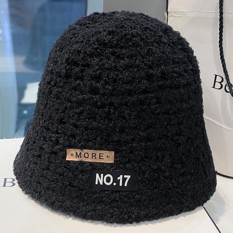 Women's Autumn and Winter Patch Plush Fisherman's Hat Big Head Circumference Korean Version Versatile Warm Japanese Basin Hat Trendy