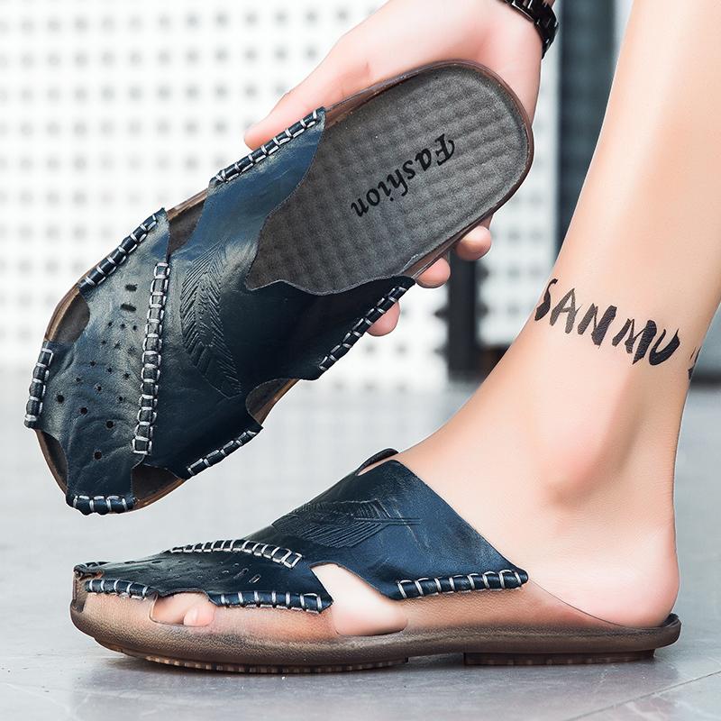 Fashion 2024 New Casual Men's Soft Slippers Comfortable Men Summer Leather Sandals Roman Summer Outdoor Beach Sandals Black
