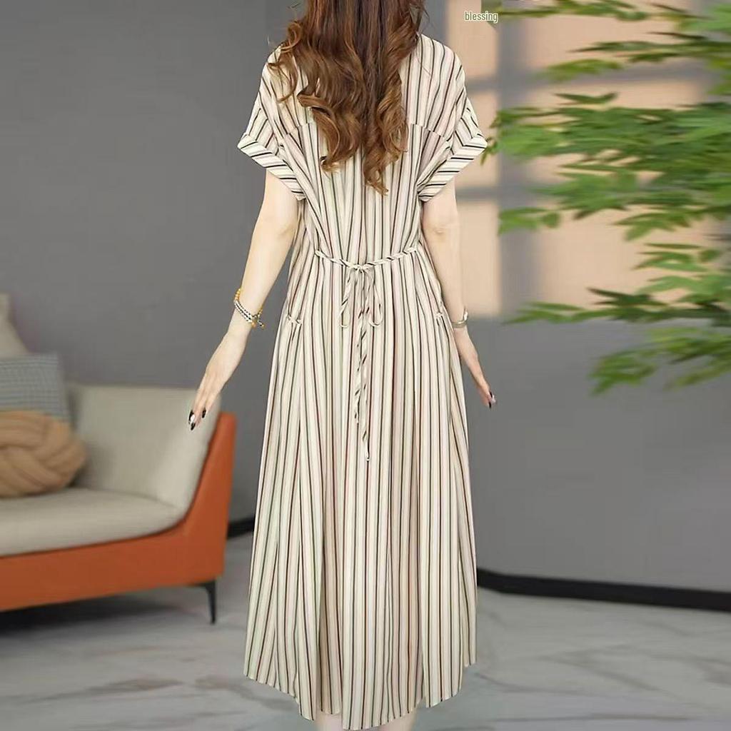 Summer Stripe Short Sleeve Dress: Stylish, Loose Fit, Slimming Long Skirt