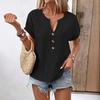 Women Shirt V-Neck Buttons Decor Short Sleeve Loose Fit Shirt Solid Color Casual Summer Tee Shirt Daily Wear