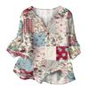 Women’s Casual Floral Print Henley Neck Button Down Cotton Linen Shirt with Three Quarter Sleeves Relaxed Fit Blouse Top