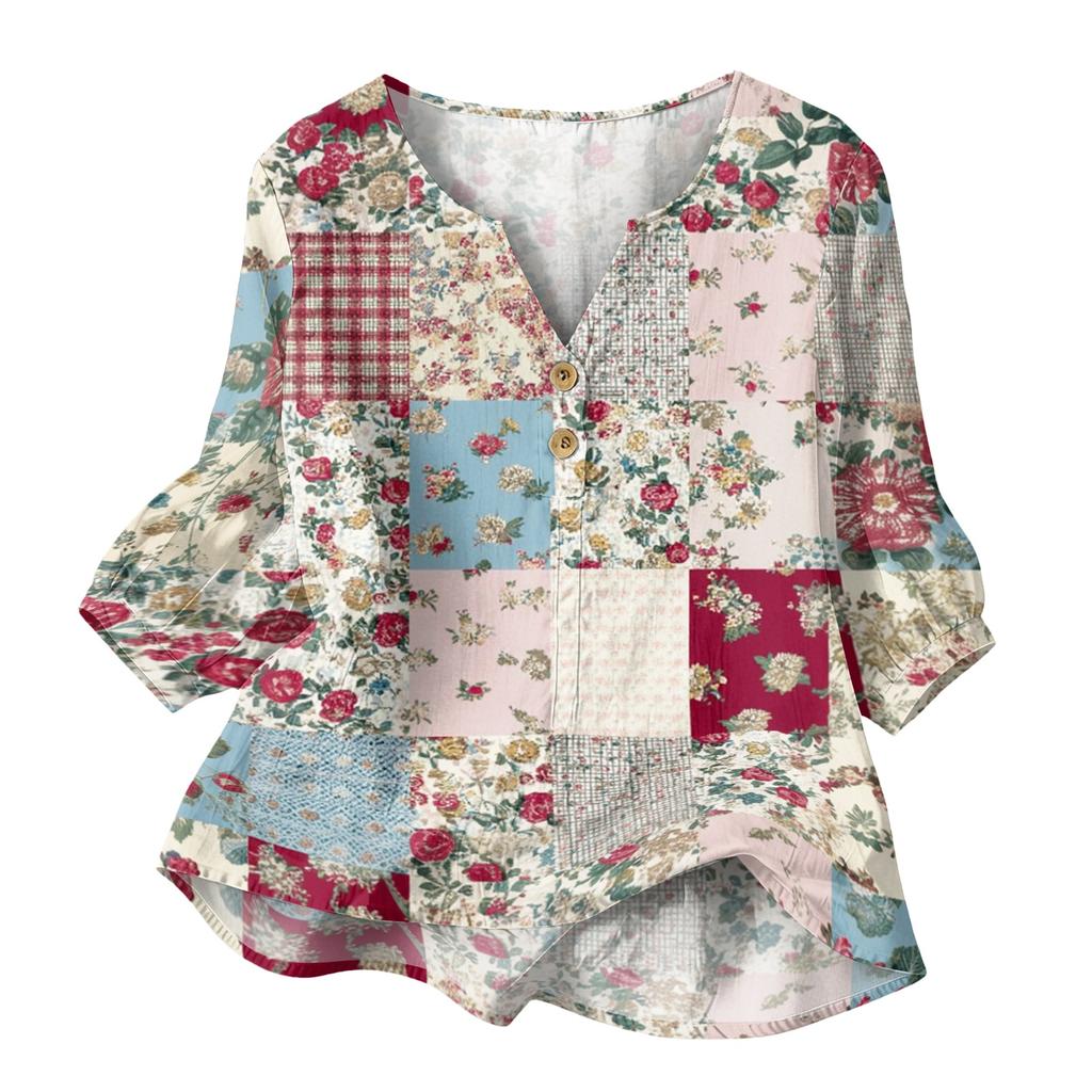 Women’s Casual Floral Print Henley Neck Button Down Cotton Linen Shirt with Three Quarter Sleeves Relaxed Fit Blouse Top