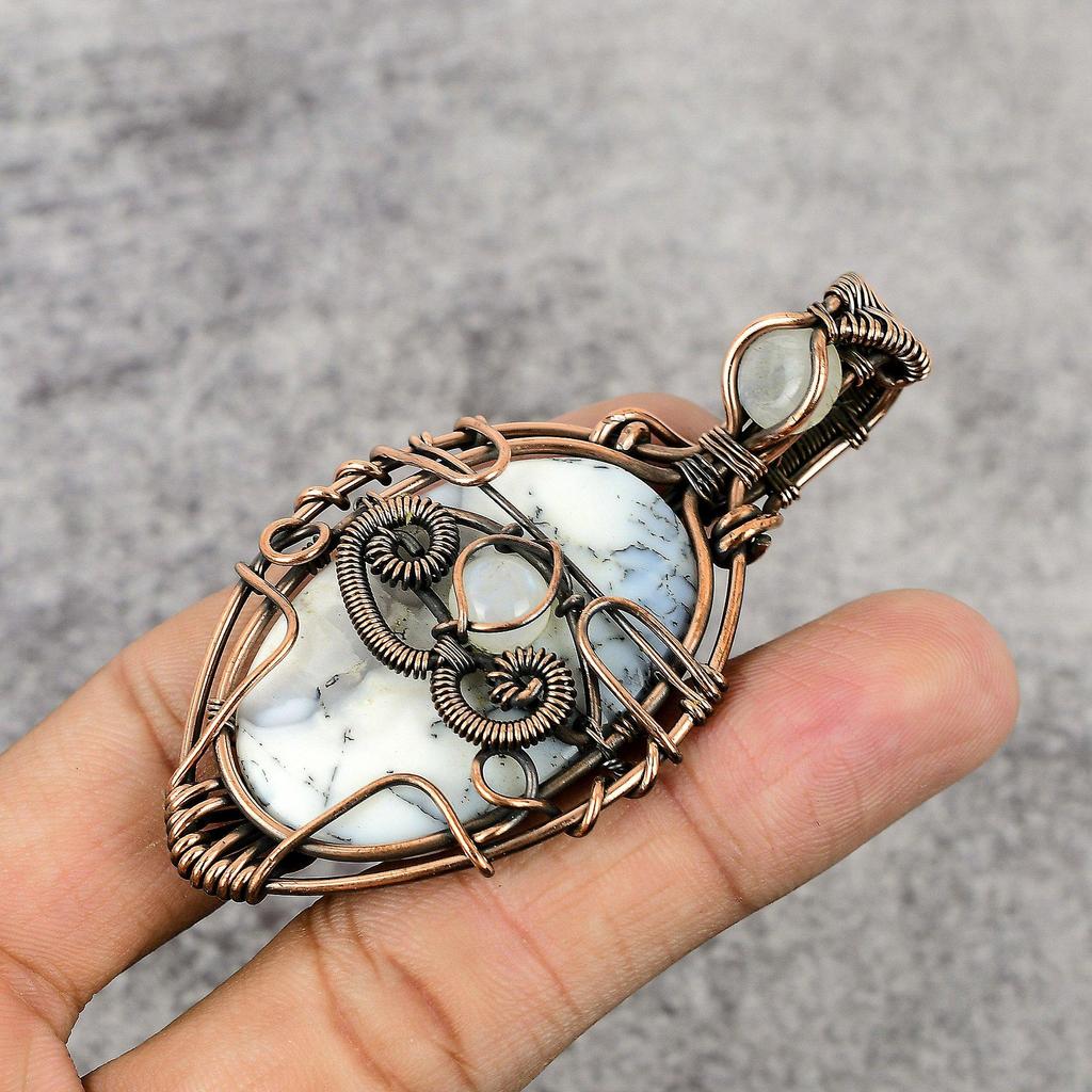 Dendrite Opal & Rainbow Moonstone 999 Copper Wire Wrapped Pendant, Handmade Gemstone Jewelry Pendant Gift For Birthday