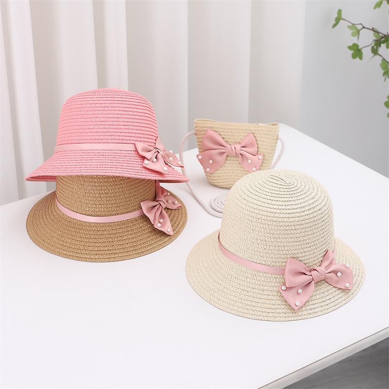 Kids Summer Wide Brim Floppy Straw Hat and Bag Set Beach Sun Visor Cap Cute Bow Baby Birthday Gift for Girls Fisherman Hats