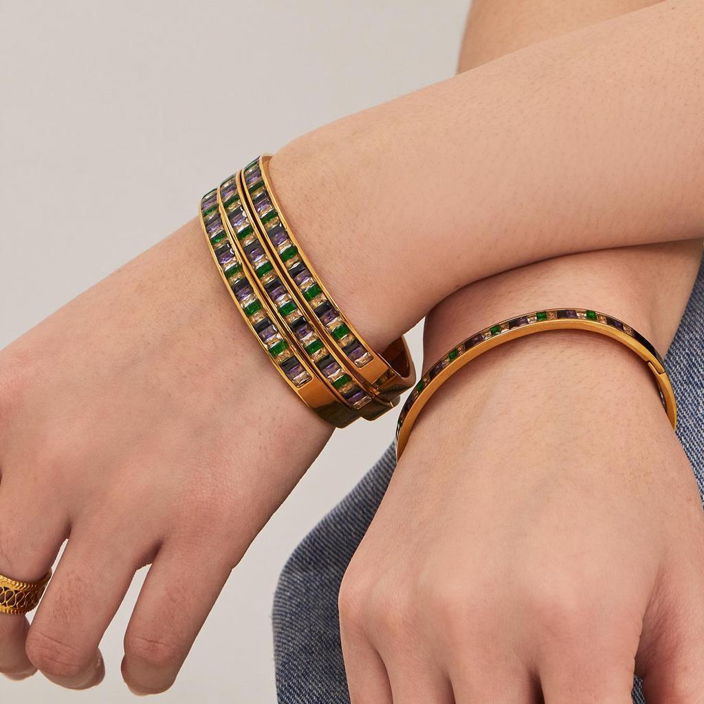 European & American Colored Zircon Bracelet - 18K Gold-Plated Stainless Steel with Unique Design & Luxury Buckle