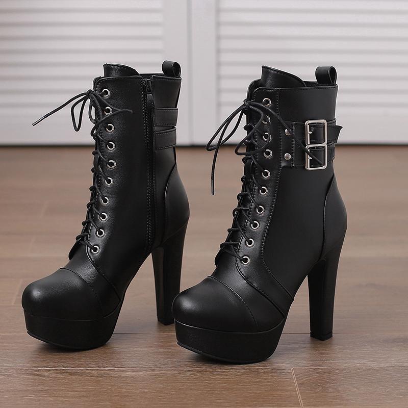 Women's High Heel Short Boots Autumn and Winter New Waterproof Platform Thick Heel Versatile Large Roman Short Boots