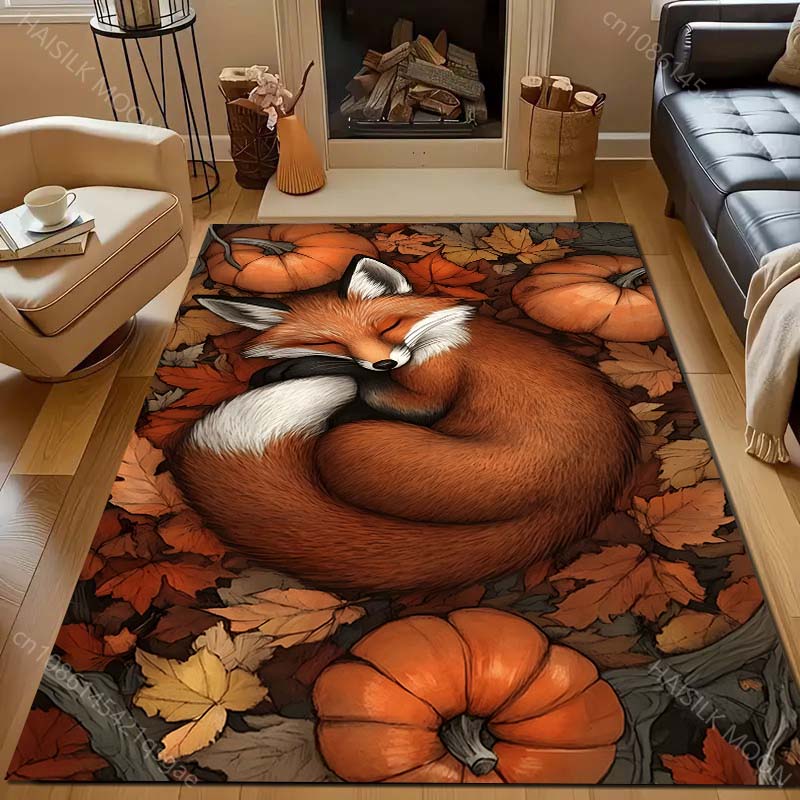 Fall Pumpkin Fox Printed Carpet for Bedroom Living Room Bedside Sofa Floor Mat Modern Home Decor Area Rug Large Size