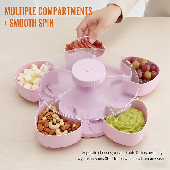 Divided Rotating Snack Serving Tray with Lids Spinning Compartment Platter for Dips Veggies Fruits Space-Saving Kitchen Organizer for Parties Picnics