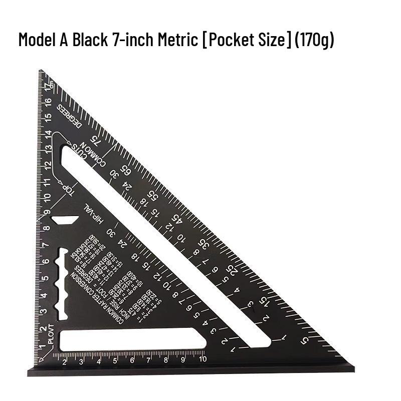 7/12" Aluminum Triangle Ruler: Woodworking, Imperial/Metric, Black Oxide, 90°/45° Right Angles.