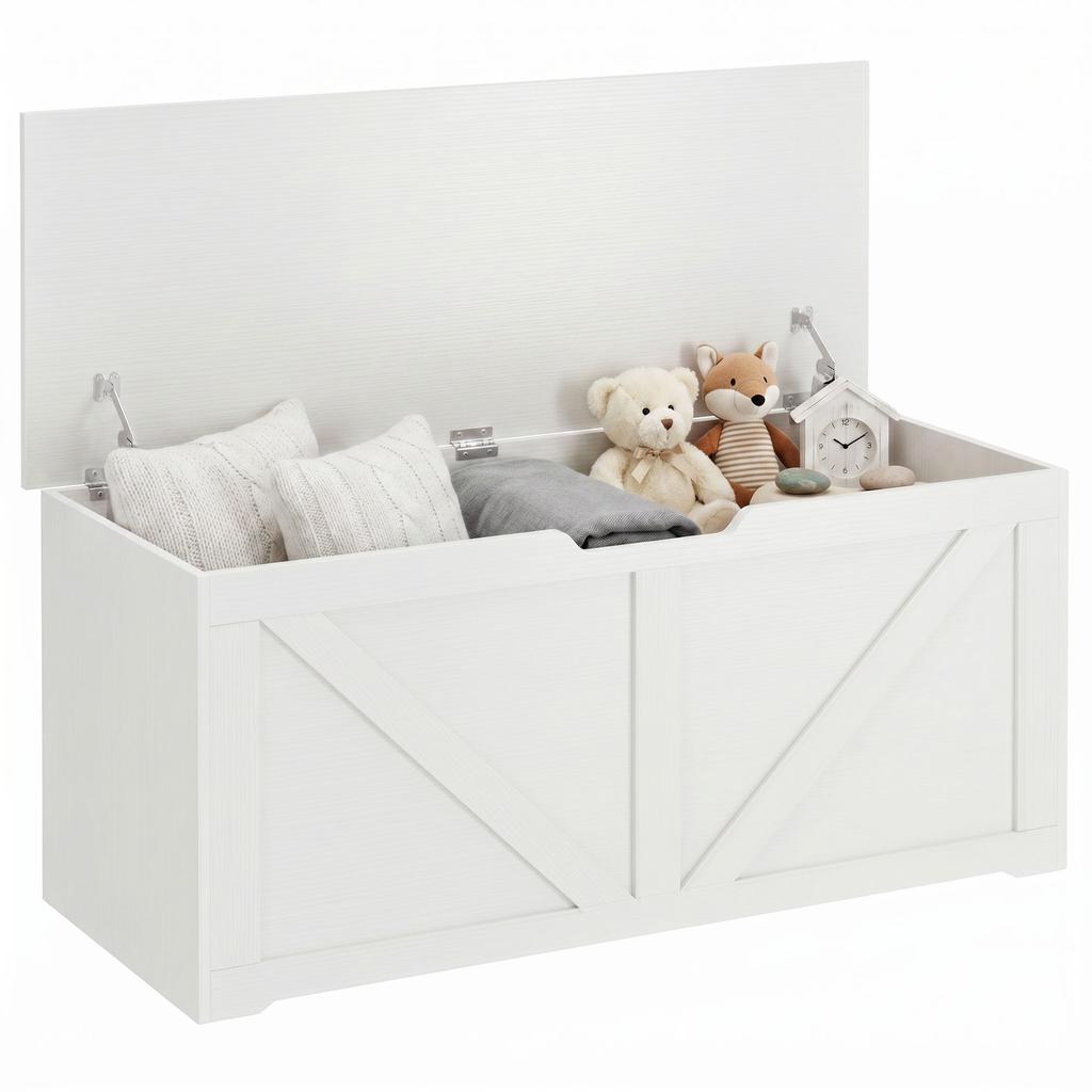 127L Home Storage Box, with Safety Hinges - White Wood-Effect